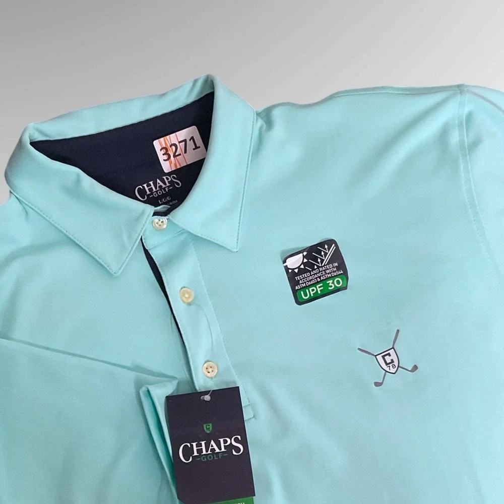 CHAPS Golf Polo Men's Size L  Aruba Blue/Light Turquoise Shorts Sleeve Shirt UPF - Picture 2 of 14